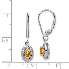 Sterling Silver Rhodium-Plated Citrine and Diamond Drop Earrings November Birthstone