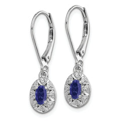 Sterling Silver Rhodium-Plated Sapphire & Diamond Drop Earrings Polished Oval Design