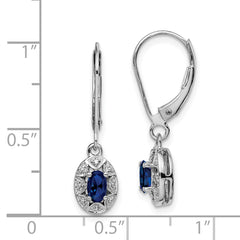 Sterling Silver Rhodium-Plated Sapphire & Diamond Drop Earrings Polished Oval Design