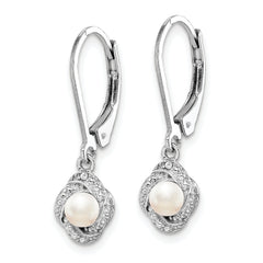 Sterling Silver Rhodium-Plated Pearl & Diamond Drop Earrings with Leverback Closure