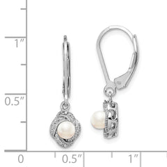 Sterling Silver Rhodium-Plated Pearl & Diamond Drop Earrings with Leverback Closure
