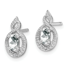 Sterling Silver 925 White Topaz & Diamond Button Earrings Rhodium-Plated Oval Design