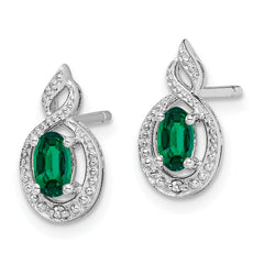 Sterling Silver Rhodium-Plated Emerald & Diamond Button Earrings Elegant May Birthstone Design