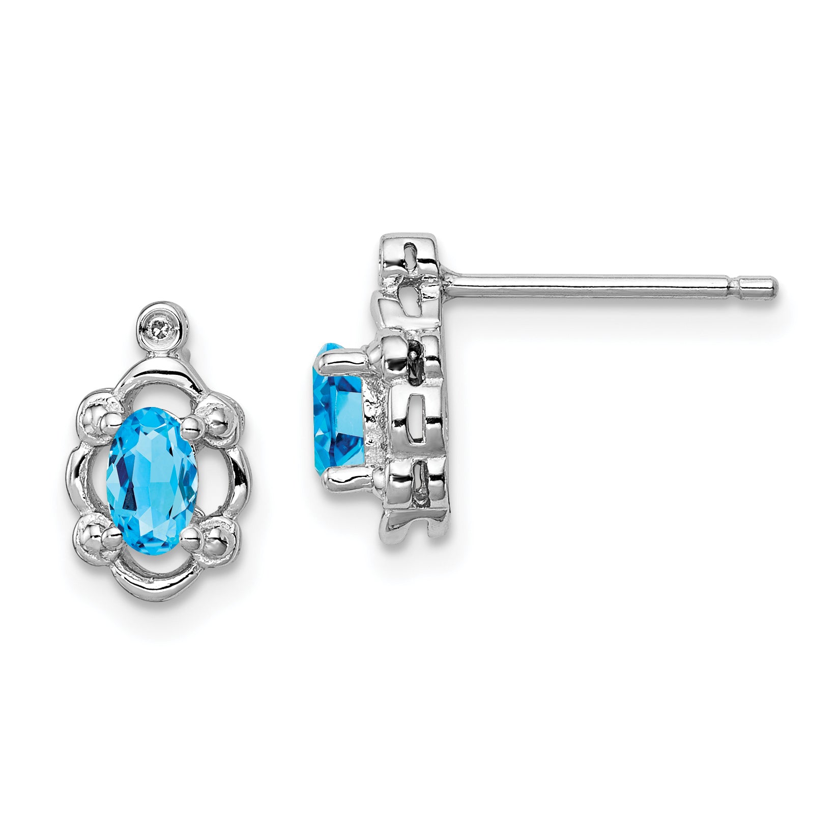Sterling Silver Rhodium-plated Light Swiss Blue Topaz & Diam. Earrings