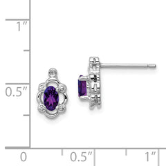 Sterling Silver Rhodium-Plated Amethyst & Diamond Earrings  Polished Oval Design