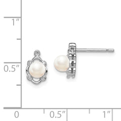 Sterling Silver Rhodium-Plated Pearl & Diamond Button Earrings Elegant June Birthstone Design