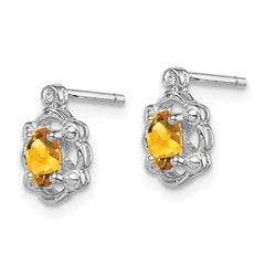 Sterling Silver Rhodium-Plated Citrine & Diamond Button Earrings Polished Oval Design