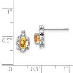 Sterling Silver Rhodium-Plated Citrine & Diamond Button Earrings Polished Oval Design