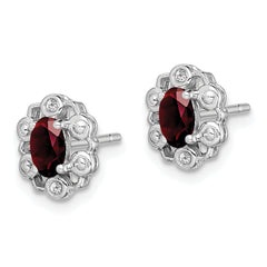 Sterling Silver Rhodium-Plated Garnet & Diamond Earrings Polished Oval Design