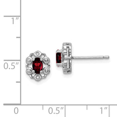 Sterling Silver Rhodium-Plated Garnet & Diamond Earrings Polished Oval Design
