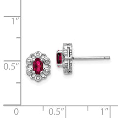 Sterling Silver Rhodium-Plated Ruby & Diamond Earrings Polished Button Style