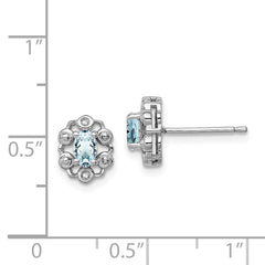 Sterling Silver Rhodium-Plated Aquamarine & Diamond Button Earrings Polished Oval Cut