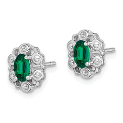 Sterling Silver Rhodium-Plated Emerald & Diamond Earrings Oval-Cut Elegant Design