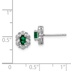 Sterling Silver Rhodium-Plated Emerald & Diamond Earrings Oval-Cut Elegant Design