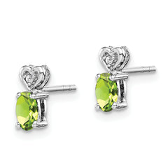 Sterling Silver Rhodium-Plated Peridot & Diamond Earrings Polished Oval Design