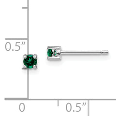 Sterling Silver 3mm Created Emerald Stud Earrings with Rhodium Finish
