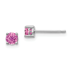 Sterling Silver Rhodium-plated 4mm Round Created Pink Sapphire Post Earring