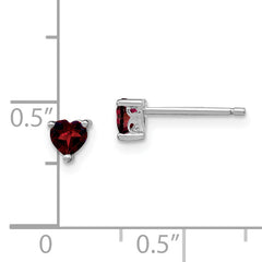 Sterling Silver 925 Garnet Heart Stud Earrings Rhodium-Plated Polished Finish