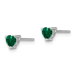 Sterling Silver 4mm Heart Lab-Created Emerald Stud Earrings Polished Finish