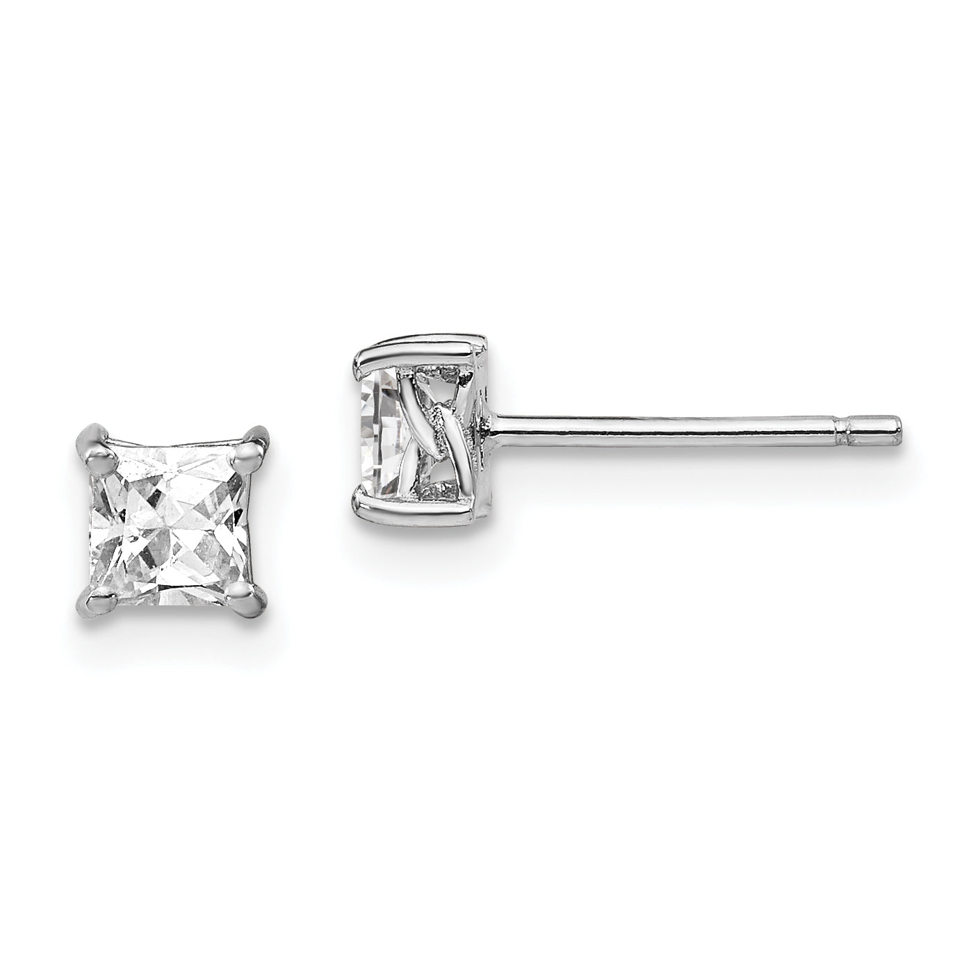 Sterling Silver Rhodium-plated 4mm Princess White Topaz Post Earrings