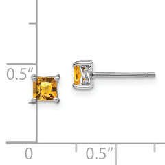 Sterling Silver 925 Princess Citrine Stud Earrings with Rhodium-Plated Finish
