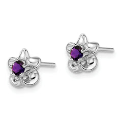 Sterling Silver 925 Floral Amethyst Post Earrings with Rhodium-Plated Finish