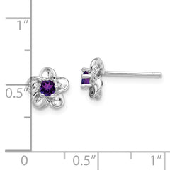 Sterling Silver 925 Floral Amethyst Post Earrings with Rhodium-Plated Finish