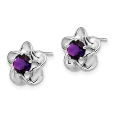 Sterling Silver Rhodium-Plated Amethyst Floral Earrings Polished Lightweight Design