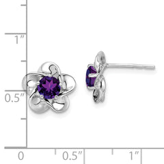 Sterling Silver Rhodium-Plated Amethyst Floral Earrings Polished Lightweight Design