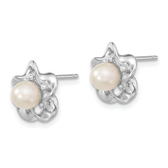Sterling Silver Rhodium-Plated Pearl Earrings with Floral Design Polished Finish
