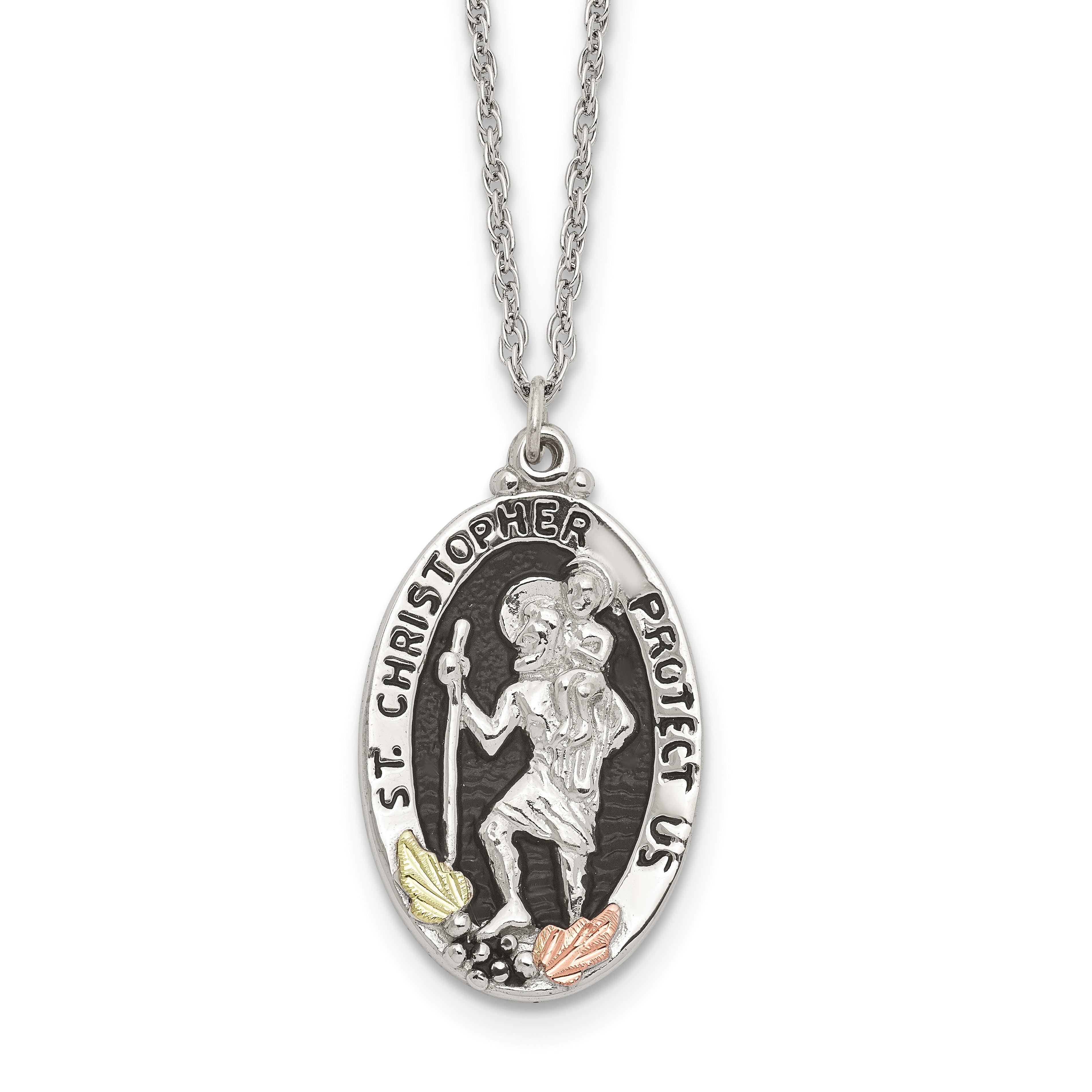 Landstrom's Mt. Rushmore Black Hills Sterling Silver 12K Gold Accents Antiqued St. Christopher Protect Us 18 inch Spring Ring Clasp Necklace