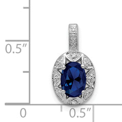 Sterling Silver Rhodium-Plated Sapphire and Diamond Pendant Polished Oval Design