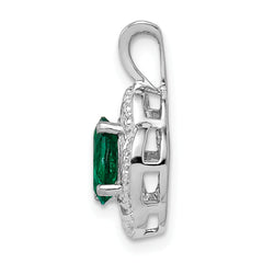 Sterling Silver Rhodium-Plated Oval Emerald & Diamond Pendant Polished Finish