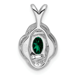 Sterling Silver Rhodium-Plated Oval Emerald & Diamond Pendant Polished Finish