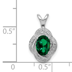 Sterling Silver Rhodium-Plated Oval Emerald & Diamond Pendant Polished Finish