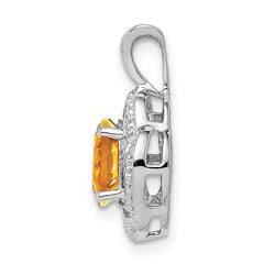 Sterling Silver Citrine & Diamond Pendant with Rhodium Finish Polished Oval Design