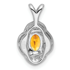 Sterling Silver Citrine & Diamond Pendant with Rhodium Finish Polished Oval Design