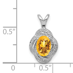 Sterling Silver Citrine & Diamond Pendant with Rhodium Finish Polished Oval Design