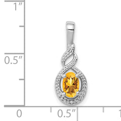 Sterling Silver Rhodium-Plated Citrine & Diamond Pendant November Birthstone Elegance