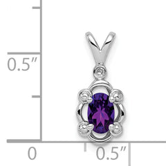 Sterling Silver 925 Rhodium-Plated Amethyst & Diamond Pendant Polished Oval Design