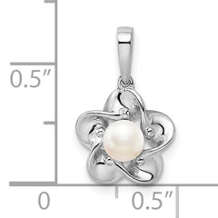 Sterling Silver Rhodium-Plated Pearl Pendant with Floral 3D Design June Birthstone
