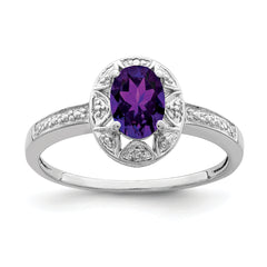 Sterling Silver Rhodium-plated Diamond & Amethyst Ring