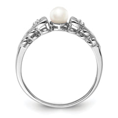 Sterling Silver Rhodium-plated Fresh Water Cultured Pearl & Diamond Ring
