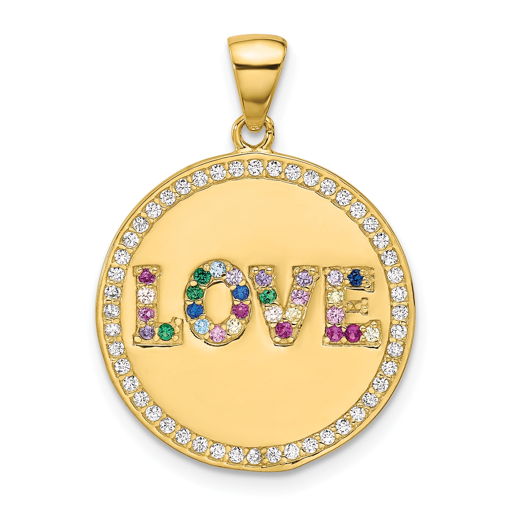Sterling Silver Gold-tone Rainbow CZ Love Disc Pendant