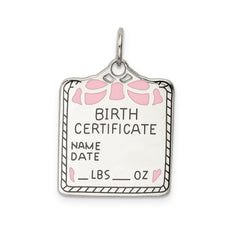 SS Rh-plt Pink Birth Certificate Polished Front/Satin Back Charm