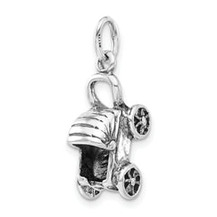 Sterling Silver 925 Baby Buggy Charm with Antique Finish 3D Design