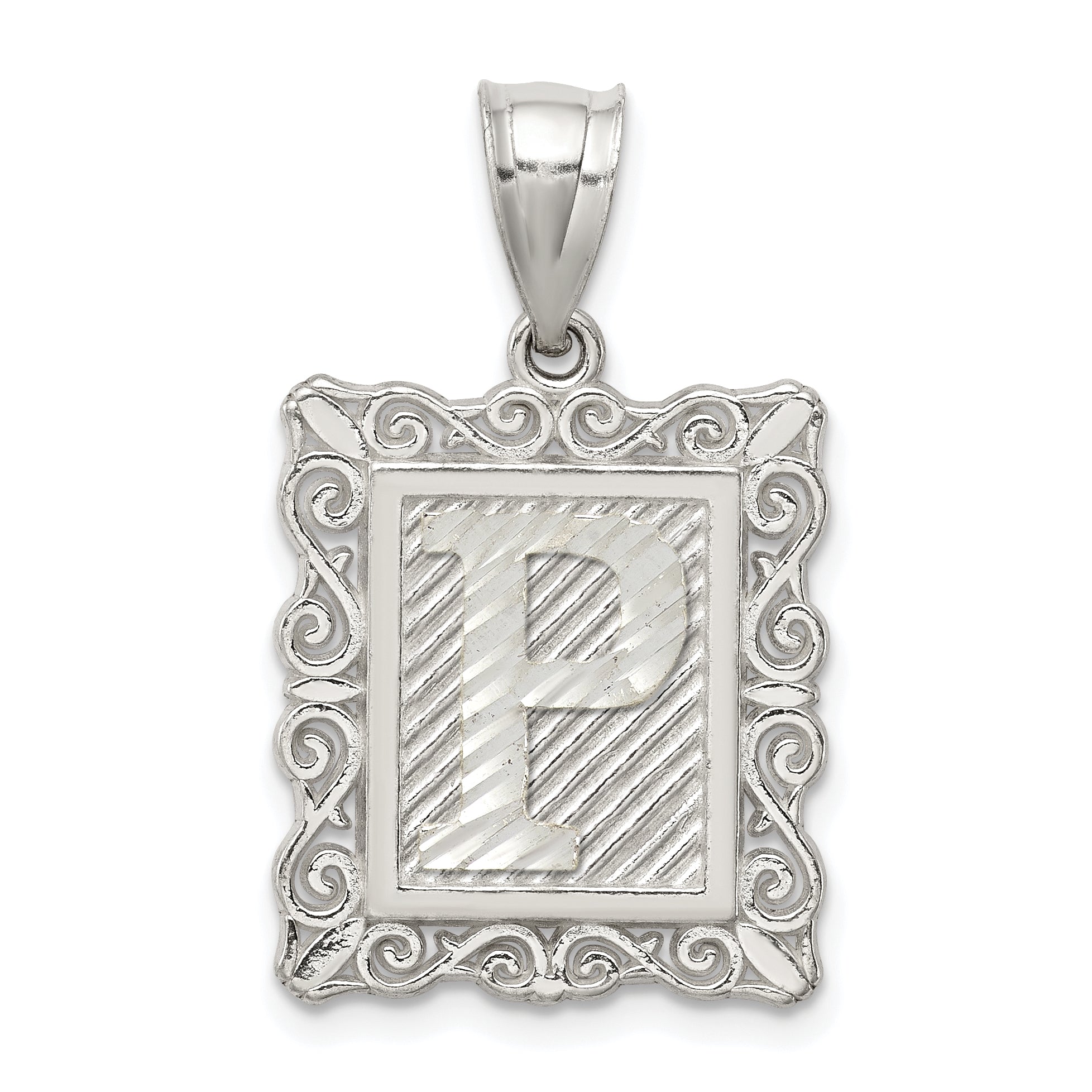 Sterling Silver Square Diamond-cut Letter P Initial Pendant