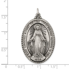 Sterling Silver 925 Antiqued Miraculous Medal Pendant Solid Vintage Design