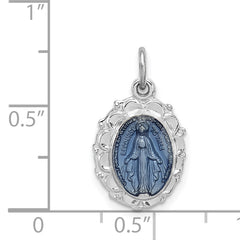 Sterling Silver Rhodium-Plated Miraculous Medal with Blue Accents Polished Finish