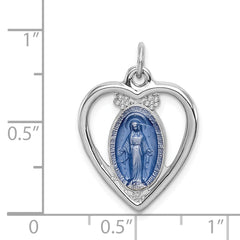Sterling Silver 925 Miraculous Heart Pendant with Rhodium-Plated Finish and Blue Accents